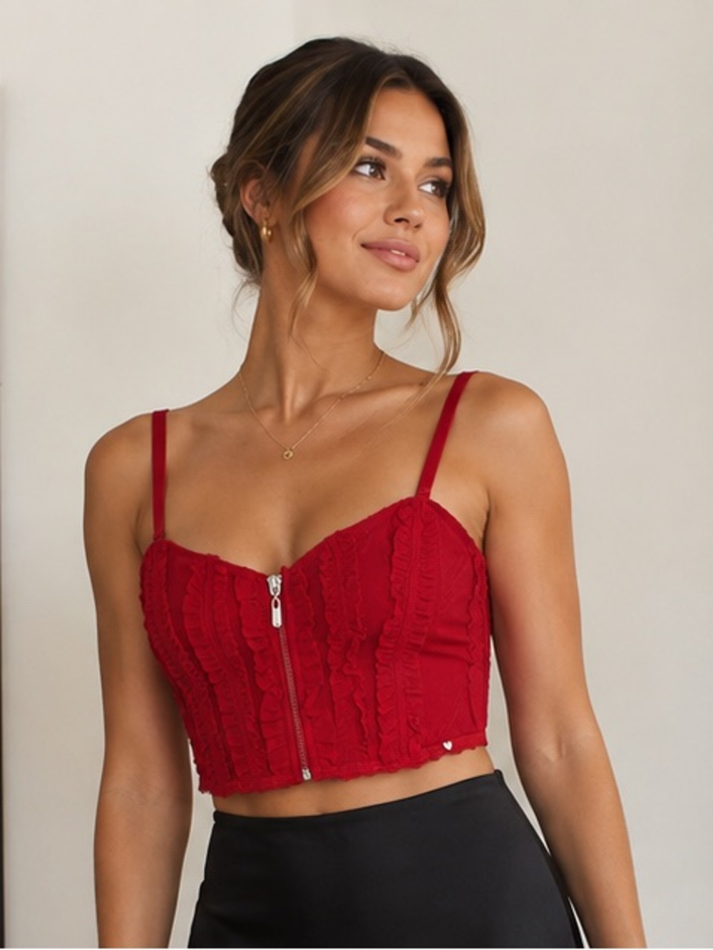 Red Coquette Boned Corset Bustier Mesh Ruffle Crop Top NWT Medium